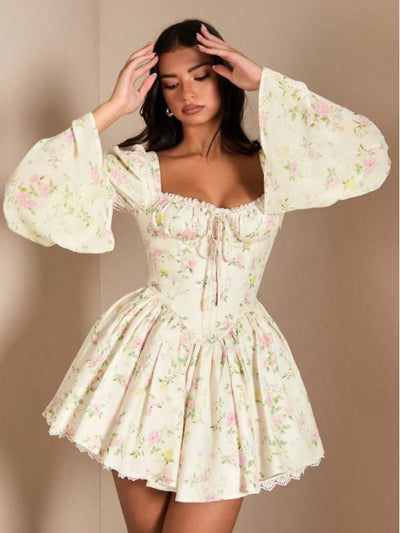 White princess dress, short floral style with long sleeves, soft polyester fabric, zipper on the side, sizes XS–3XL.