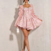 Elegant pink princess dress, short floral style with long sleeves, polyester fabric, zipper closure, sizes XS–3XL.