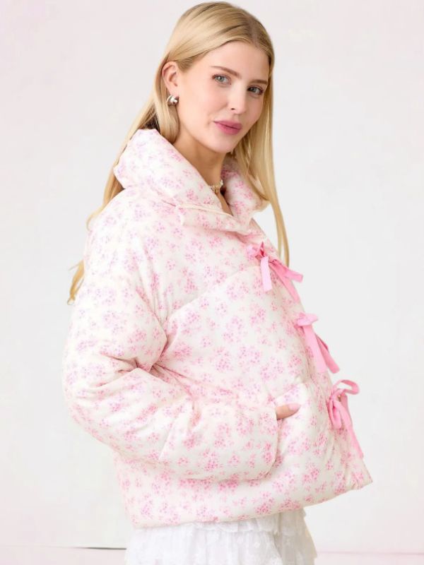 Floral Printed Puffer Ribbon Bow Jacket