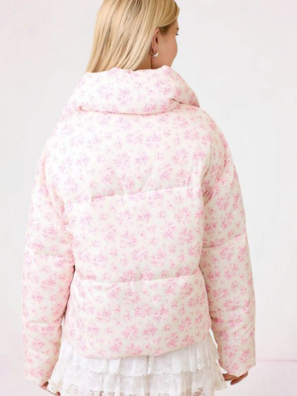 Floral Printed Puffer Ribbon Bow Jacket