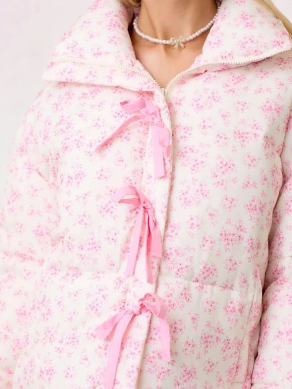 Floral Printed Puffer Ribbon Bow Jacket