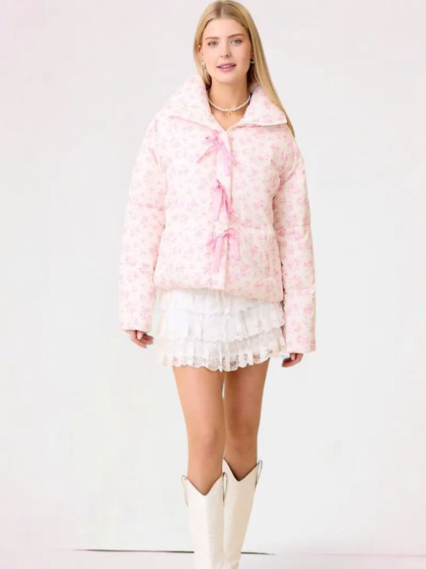 Floral Printed Puffer Ribbon Bow Jacket