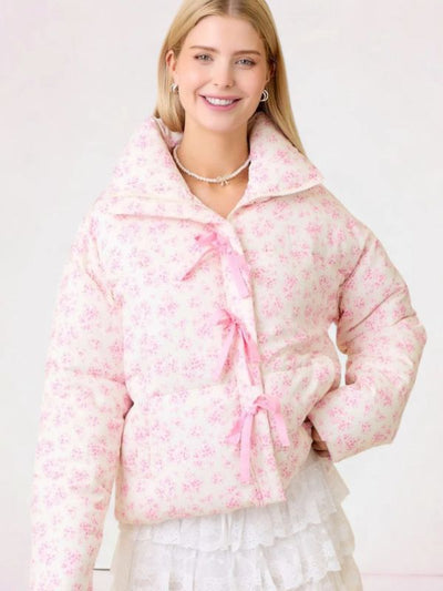 Floral Printed Puffer Ribbon Bow Jacket