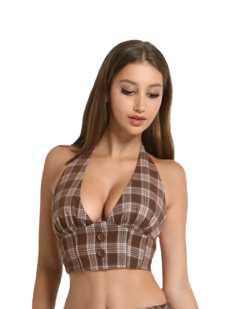 Girly Plaid Halter Crop Top – Brown