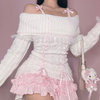 Handmade Sweater with Lace and Knitting Ribbon, a white sweater featuring delicate lace details and a light pink satin ribbon for a soft and elegant touch.