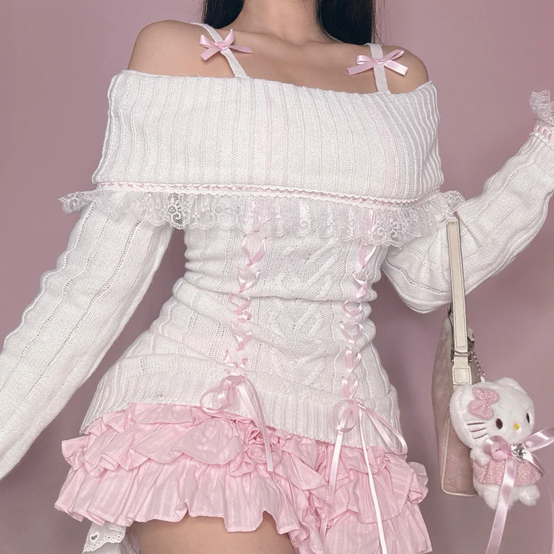 Handmade Sweater with Lace and Knitting Ribbon, a white sweater featuring delicate lace details and a light pink satin ribbon for a soft and elegant touch.