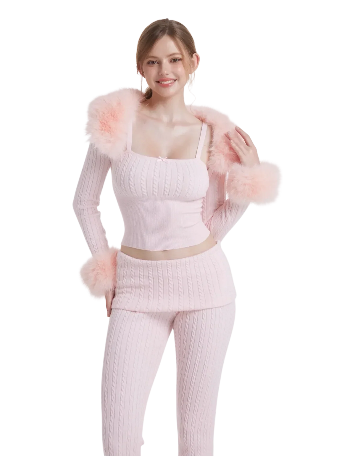 Colette Pink Fur Cable Knit Bolero Cardigan