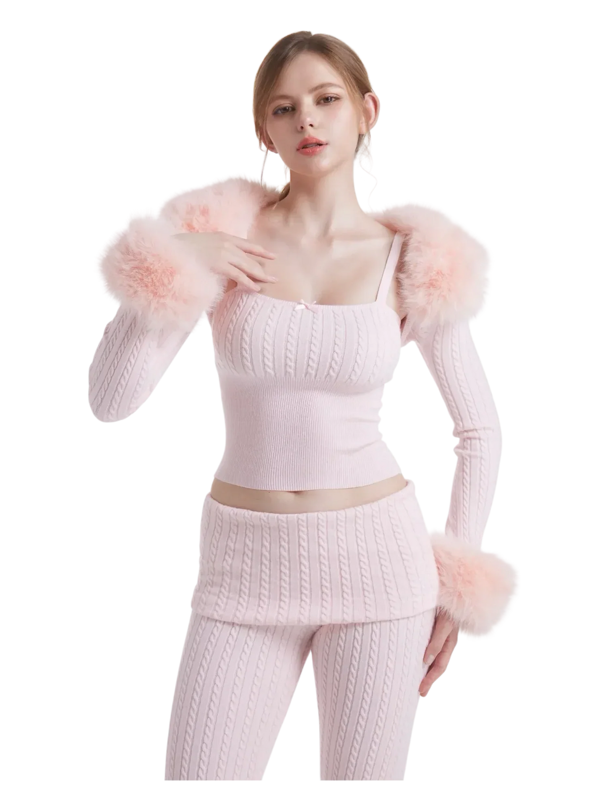 Colette Pink Fur Cable Knit Bolero Cardigan