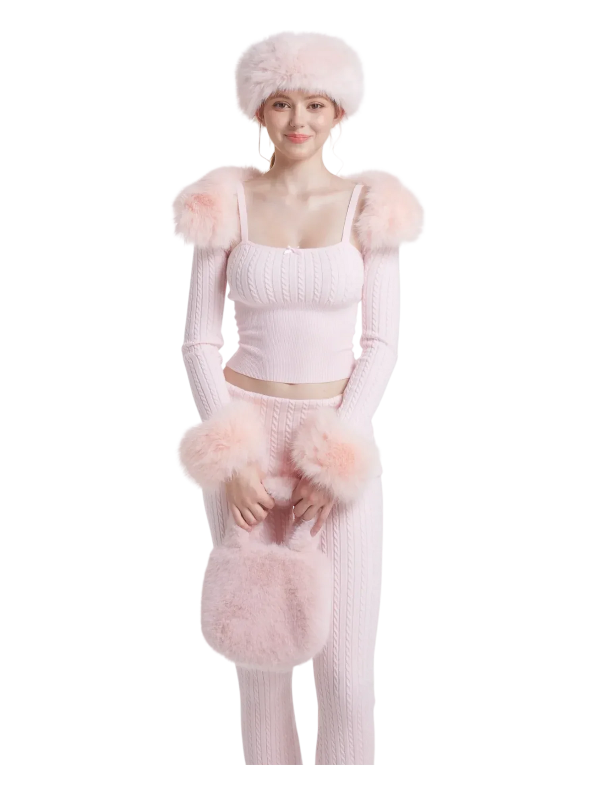 Colette Pink Fur Cable Knit Bolero Cardigan