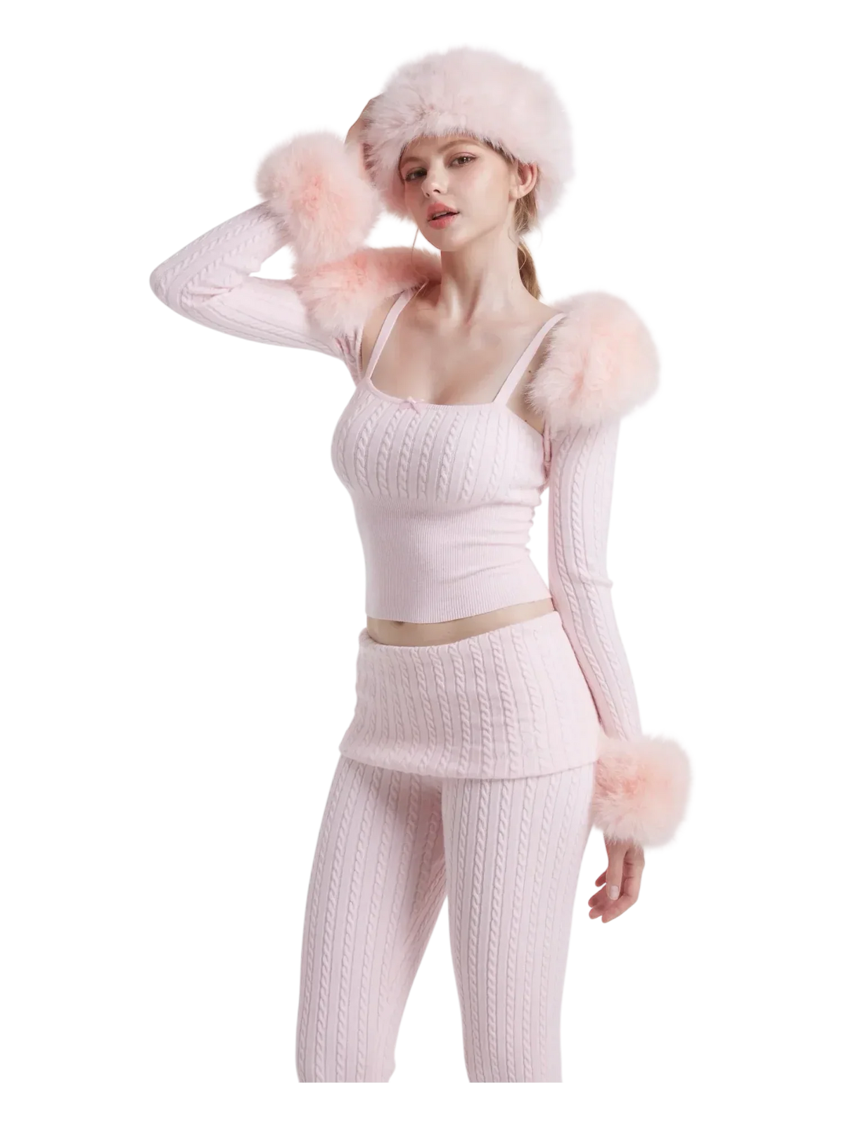 Colette Pink Fur Cable Knit Bolero Cardigan