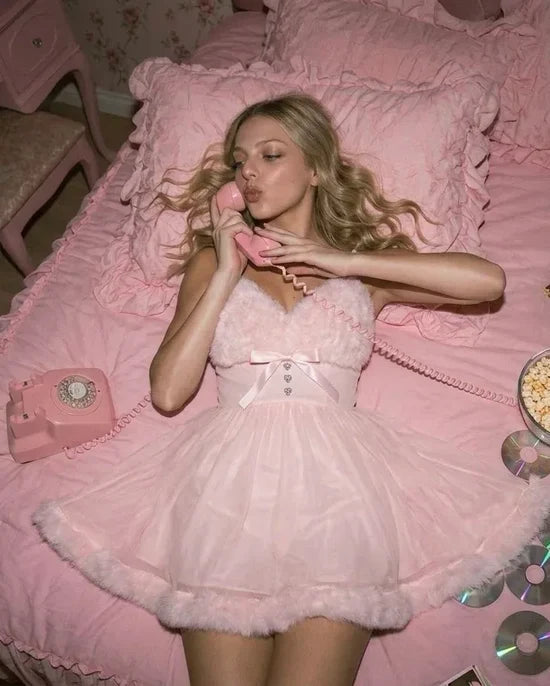 Rose Princess Fur Chiffon Babydoll Dress