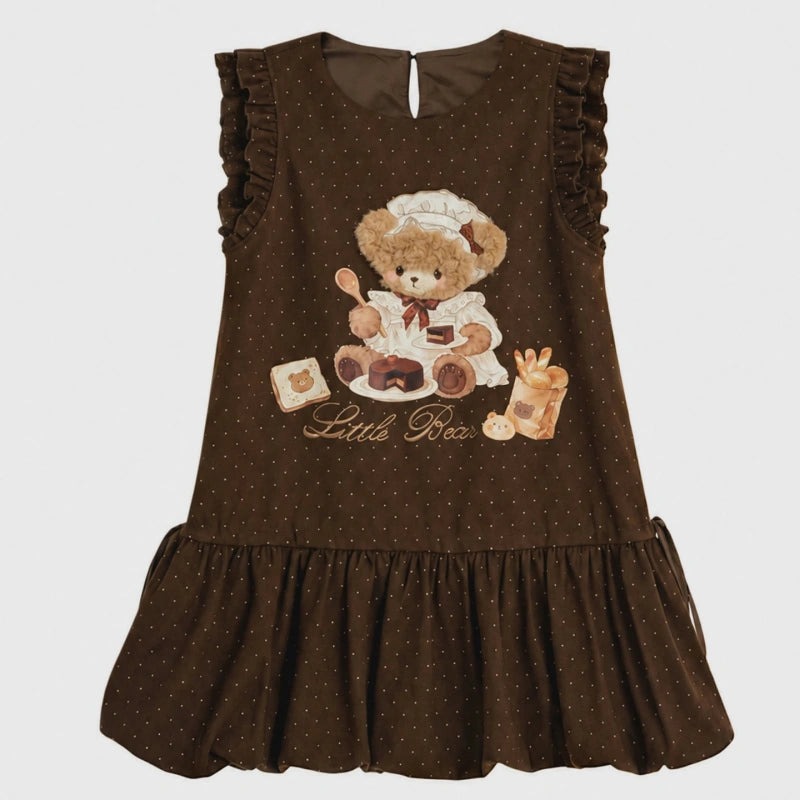 Kawaii Baking Bear Polka Dot Ruffle Sleeveless Dress