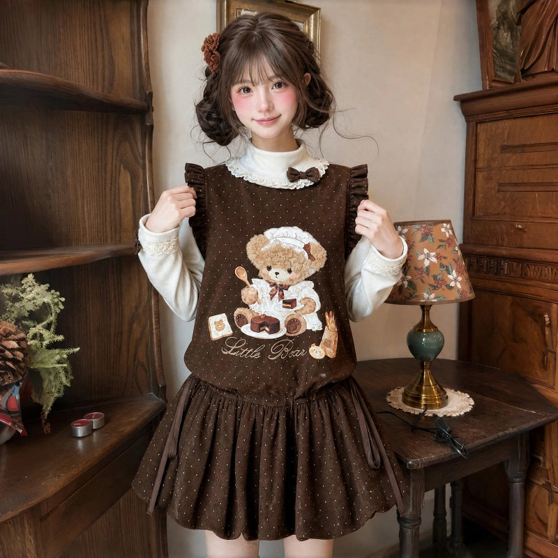 Kawaii Baking Bear Polka Dot Ruffle Sleeveless Dress