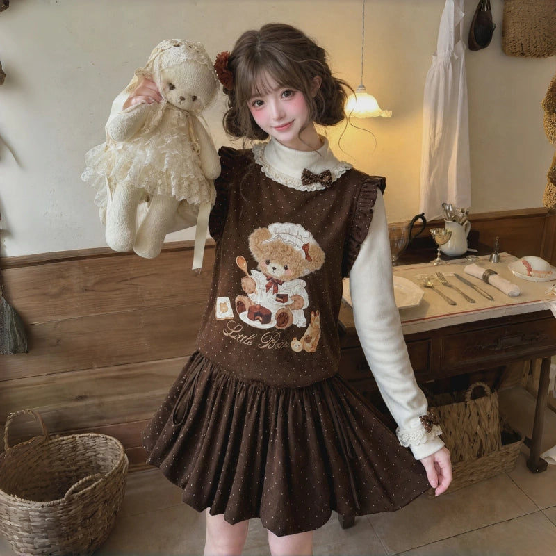 Kawaii Baking Bear Polka Dot Ruffle Sleeveless Dress
