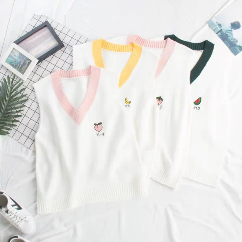 4 styles in white with small embroidered fruits (banana, strawberry, peach, and watermelon) on the top right for a cute, playful touch.