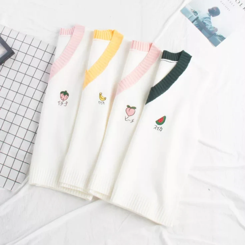 4 styles in white with small embroidered fruits (banana, strawberry, peach, and watermelon) on the top right, highlighting the cute embroidery details.