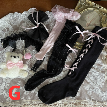Kawaii Lace Stockings with Bear Garter – White & Black