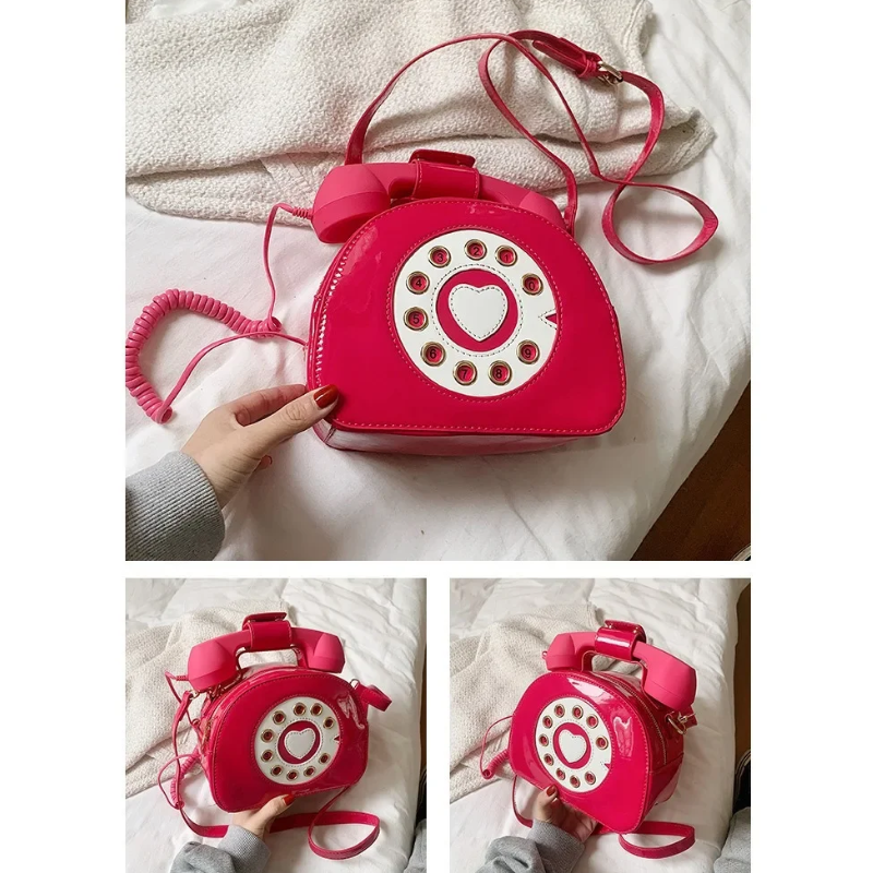 Various angles of the red phone-shaped bag, showcasing the retro design, zipper closure, adjustable strap, and 3.5mm connection.