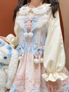 Kawaii Teddy Bear Blouse in pastel yellow, with regular sleeves and lace cuffs, perfectly pairing with a cute Lolita dress for a charming, sweet look.