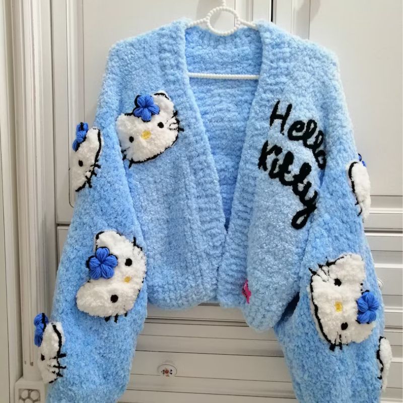Kawaii blue kitty plush cardigan with wide sleeves