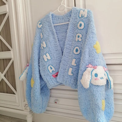 Kawaii blue plush cardigan with wide sleeves