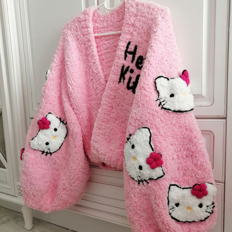 Kawaii pink plush cardigan with wide sleeves