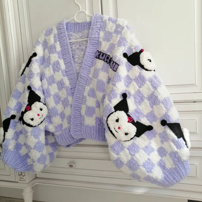 Kawaii purple plush cardigan with wide sleeves