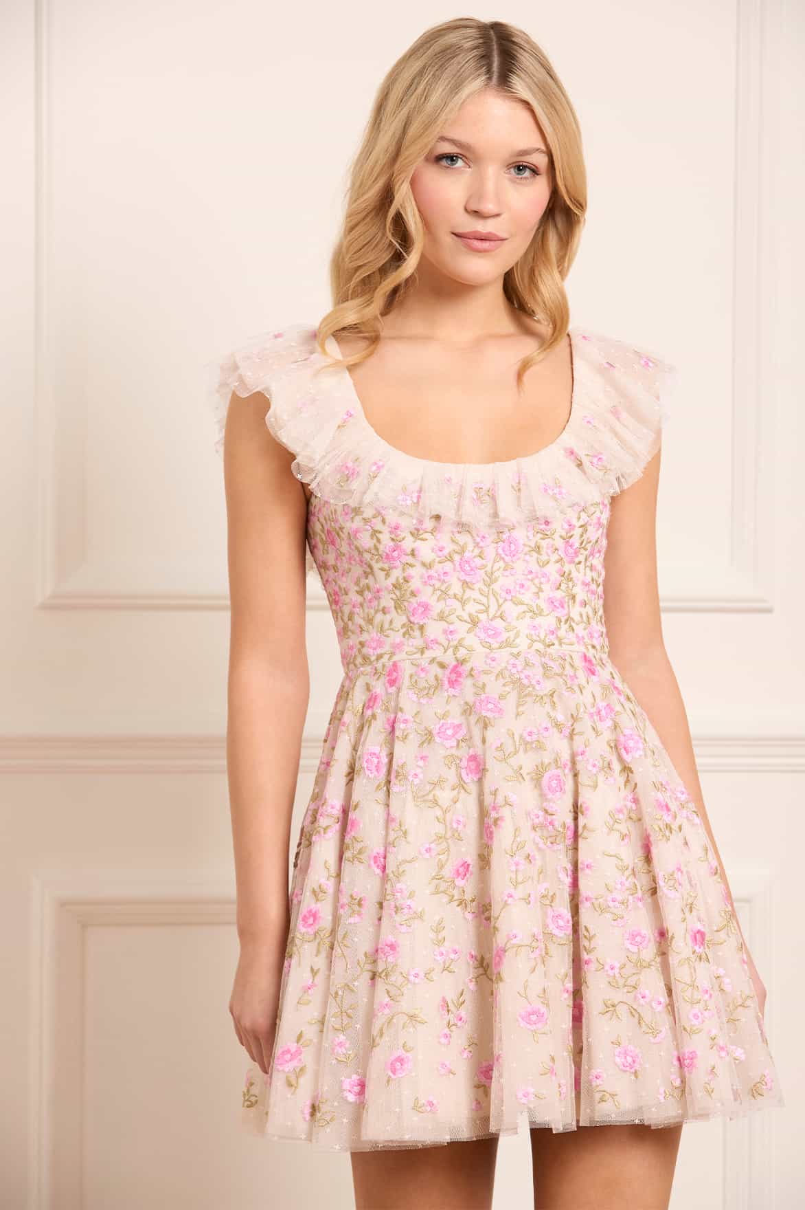 Cream & Pink Floral Tulle Micro Mini Dress