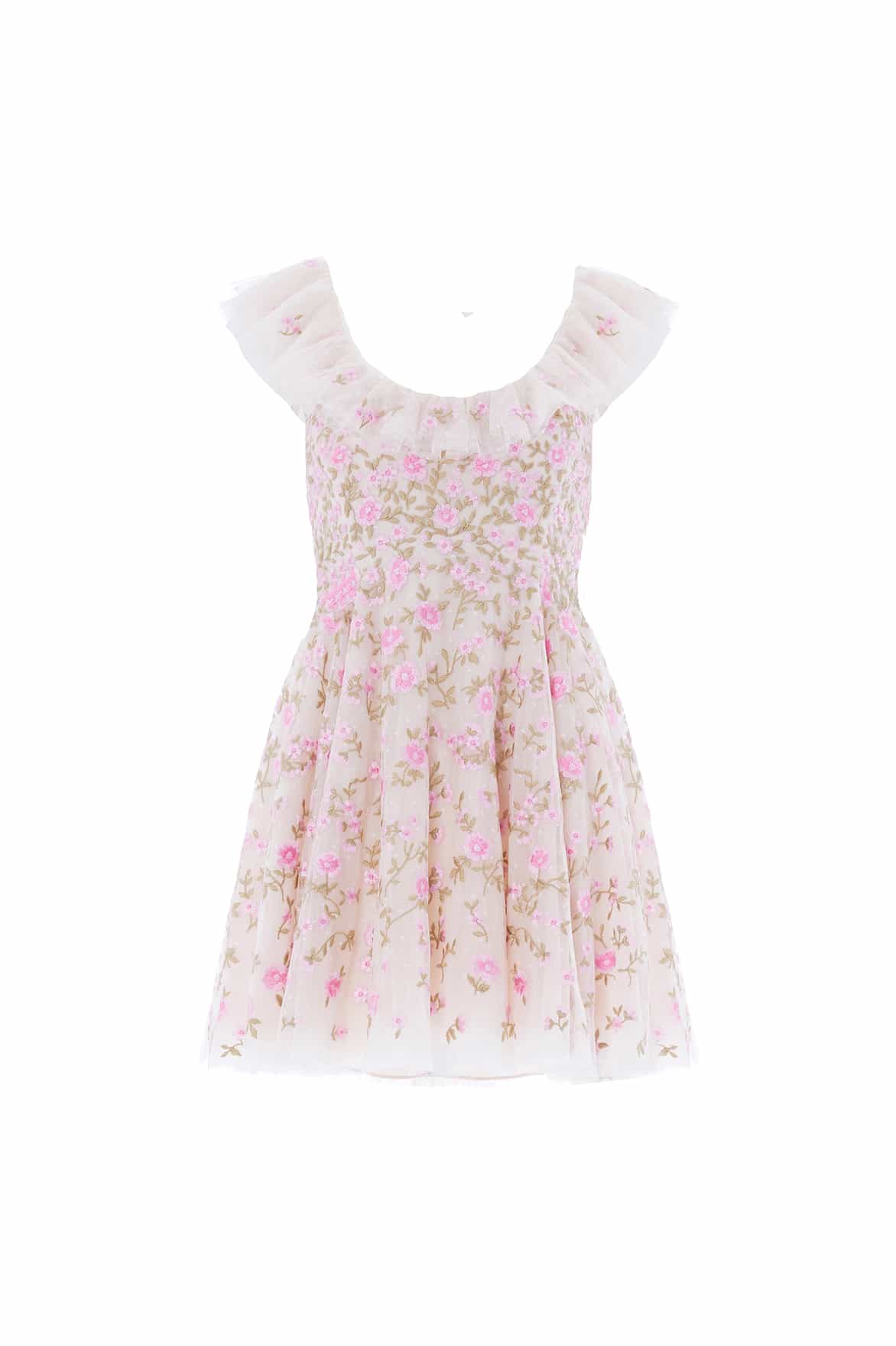 Cream & Pink Floral Tulle Micro Mini Dress
