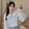 Lace Blouse with Peter Pan Collar, puff sleeves, and small round white buttons, blending Lolita, vintage, and kawaii styles for a charming and elegant look.