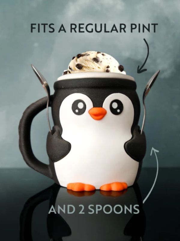 3D printed penguin ice cream holder with spoon slots and snack drawer.