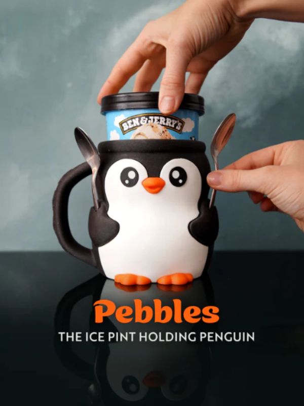 Pebbles the Penguin ice cream pint holder, cute and functional.