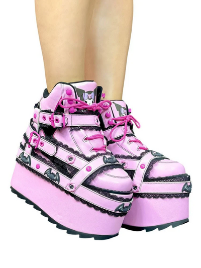 Pink Kuro Dream Platforms with black elegant lace details, combining kawaii charm with a bold, gothic-inspired edge.