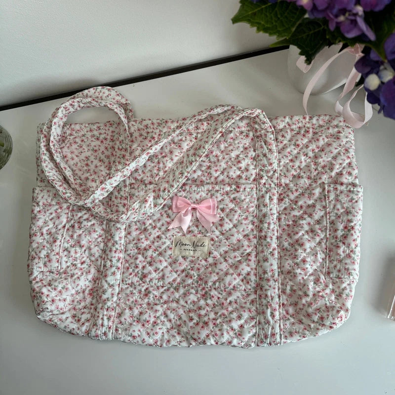 Quilted Peony Floral Tote Bag with Bow