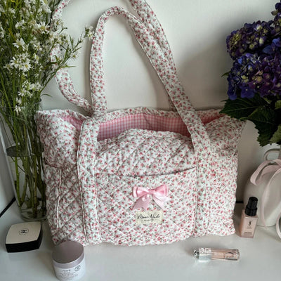 Quilted Peony Floral Tote Bag with Bow