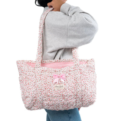 Quilted Peony Floral Tote Bag with Bow