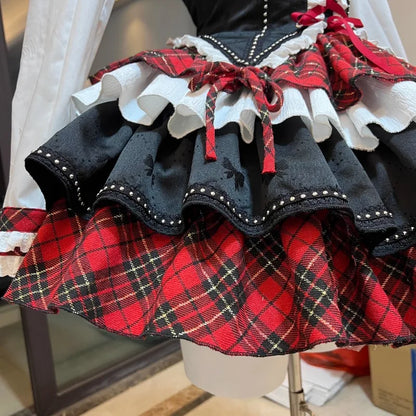 Plaid Pattern Gothic Dress Set Ruffle Skirt
