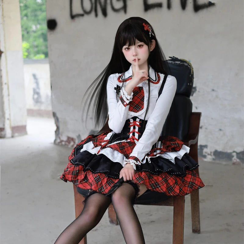 Plaid Pattern Gothic Dress Set Ruffle Skirt