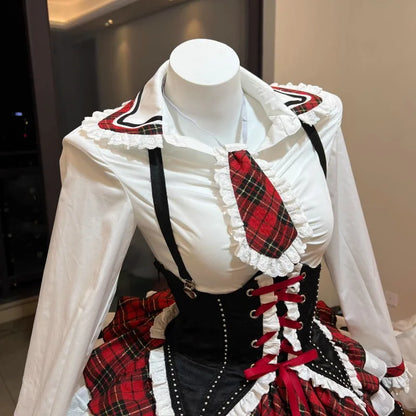 Plaid Pattern Gothic Dress Set Ruffle Skirt