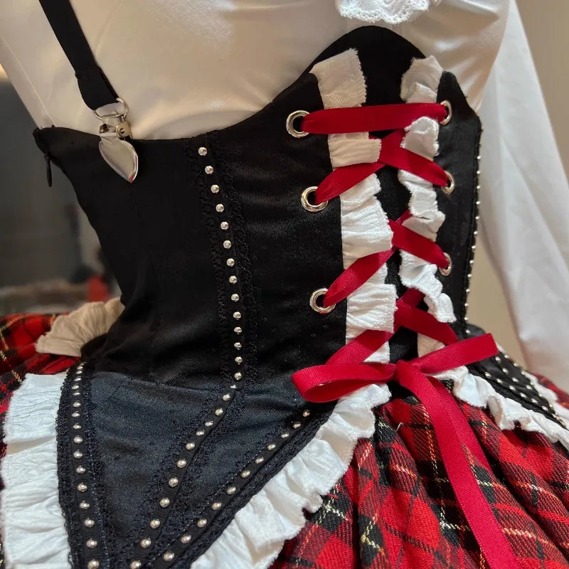 Plaid Pattern Gothic Dress Set Ruffle Skirt
