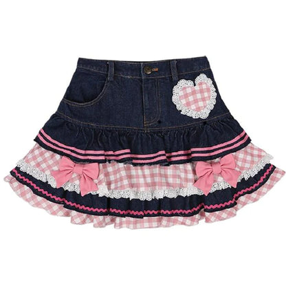 Ruffle Layer Heart Denim Skirt