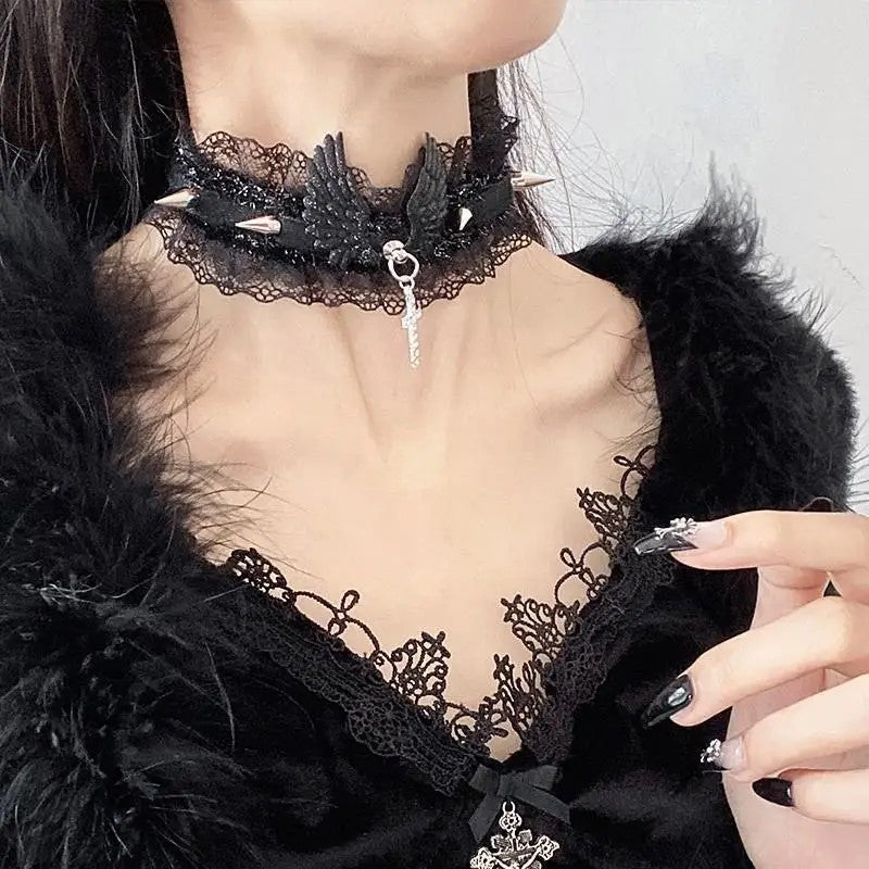 Dark Necklace With Angel Wings