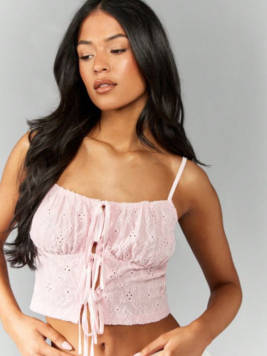 Short Cami Top with Eyelet Embroidery and Adjustable Straps