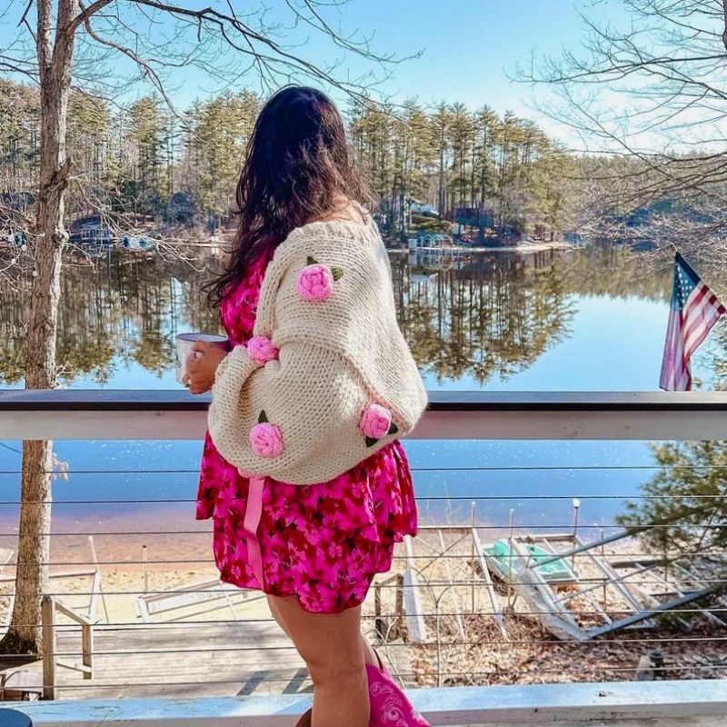 Handmade beige cardigan with floral rose details