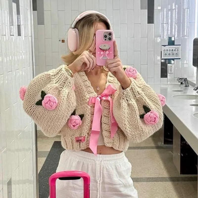 Short Thick Knit Beige Cardigan with Roses