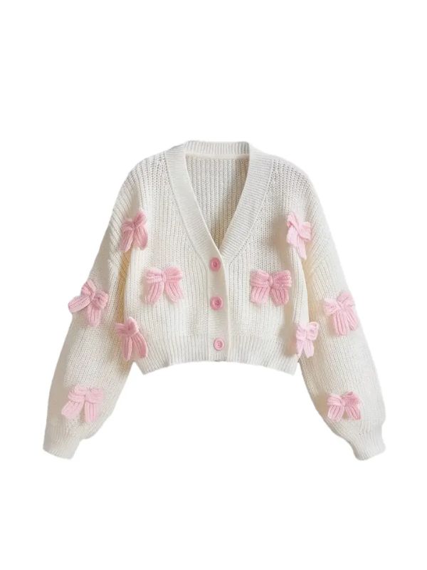 Soft girl kawaii cardigan with pastel pink bows, cozy knitted sweater for cute outfits, perfect for skirts, dresses, and casual pastel style.