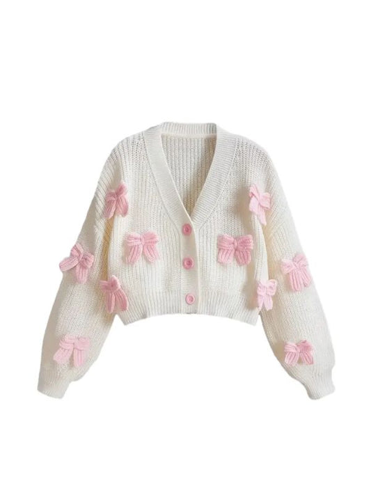 Soft girl kawaii cardigan with pastel pink bows, cozy knitted sweater for cute outfits, perfect for skirts, dresses, and casual pastel style.
