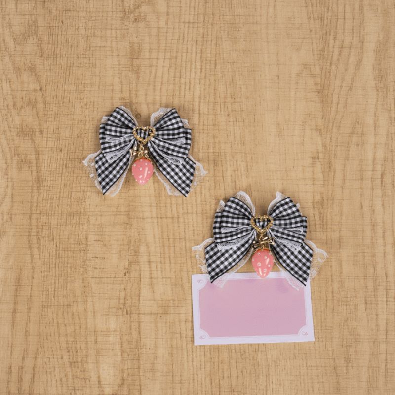 Kawaii pink plaid bow hairclips, set of 2 with strawberry charm.