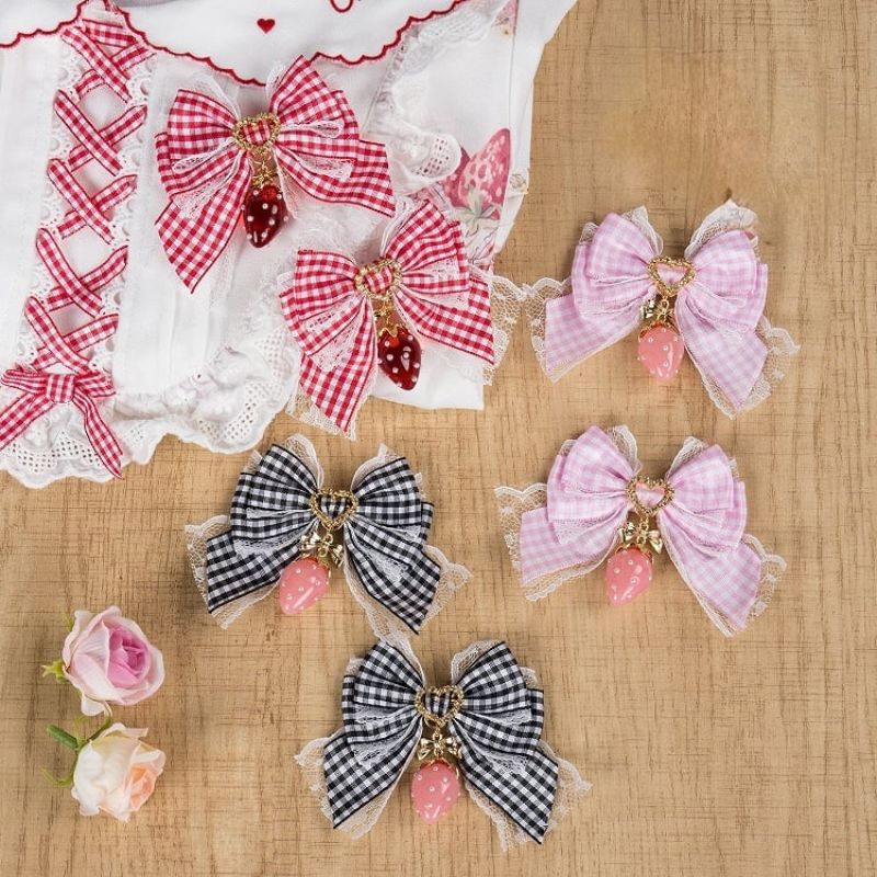 Sweet Lolita Plaid Bowknot Hairclips with Strawberry Charm