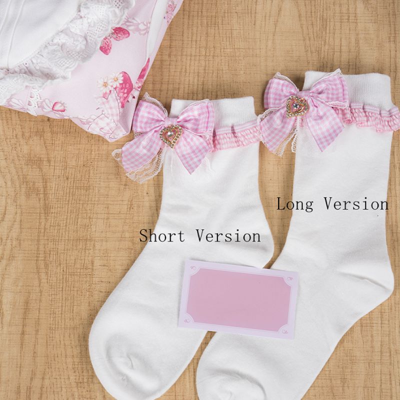 Sweet Lolita White Ankle/Mid-Calf Socks with Red Plaid Bowknot